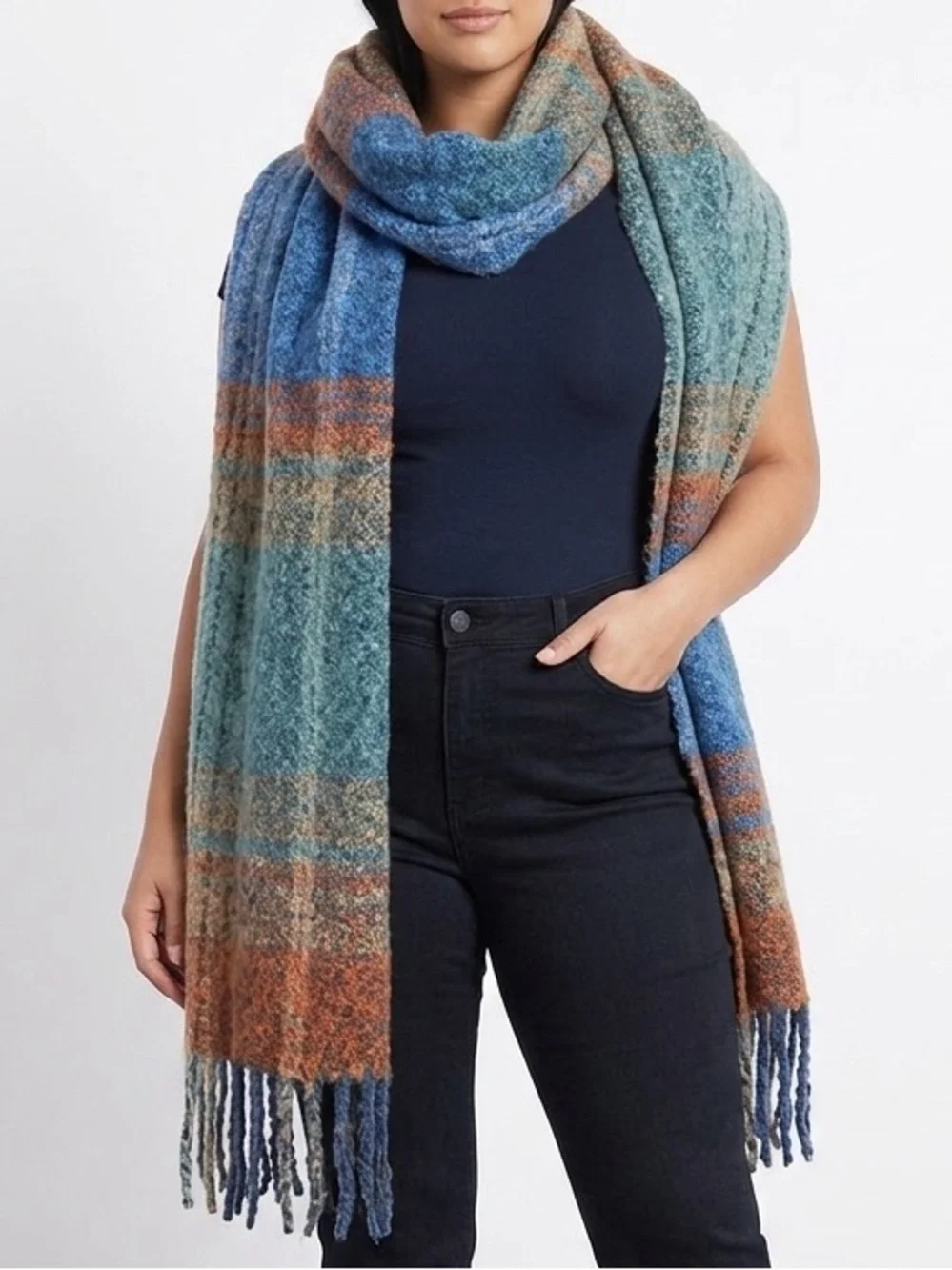 746 ruggine Colorful Plaid Knit blanket Scarf fringe rainbow plush